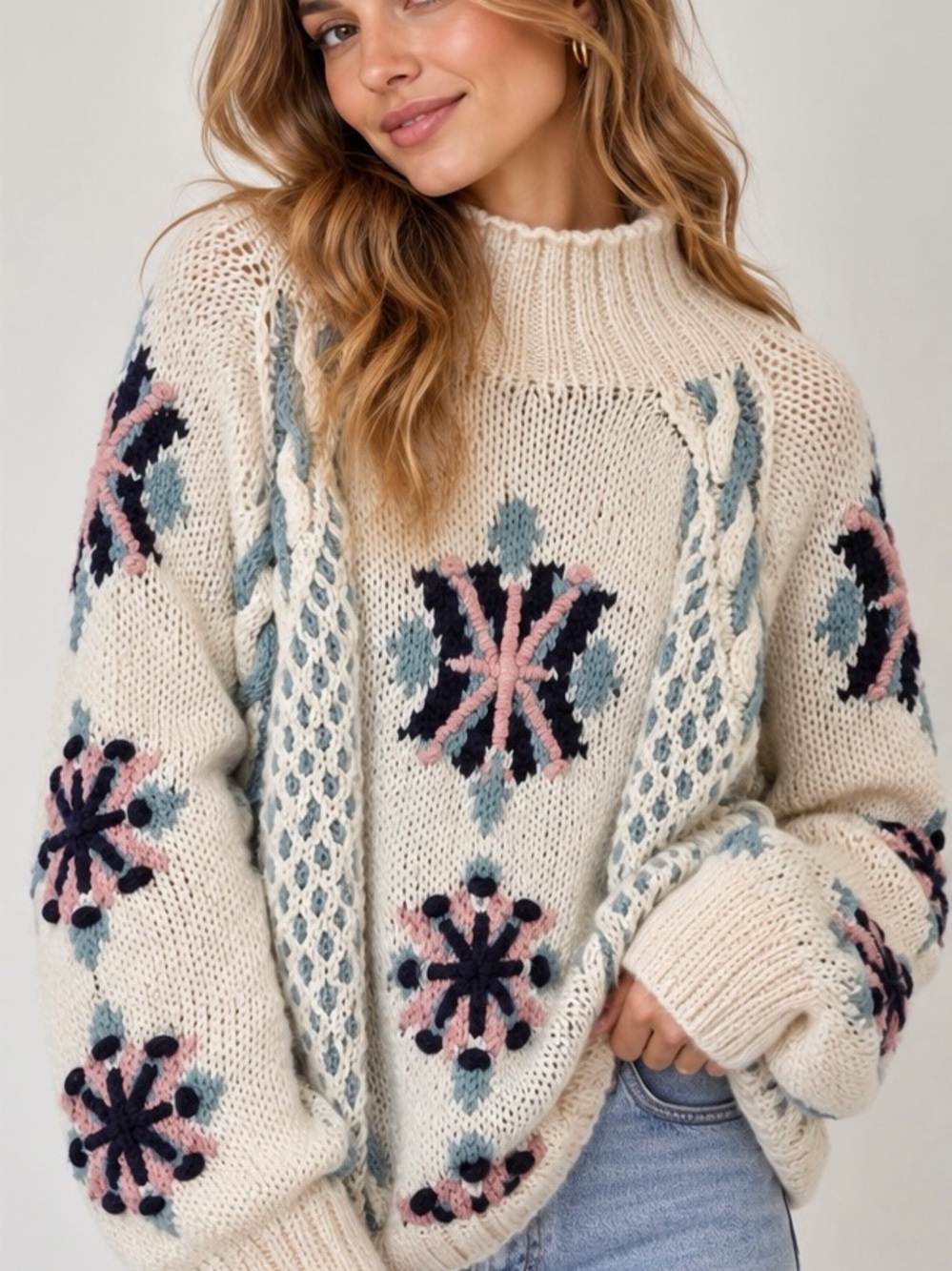 Vintage Susann D Chunky Knit Sweater Cream Blue Pink 3D Floral Mock Necklace